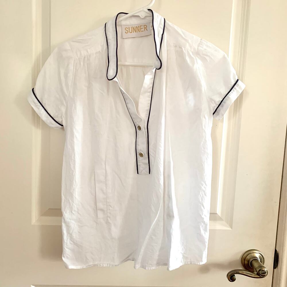 3/$15 SUNNER Nautical Contrast Piping 100% Cotton Blouse in White/Black